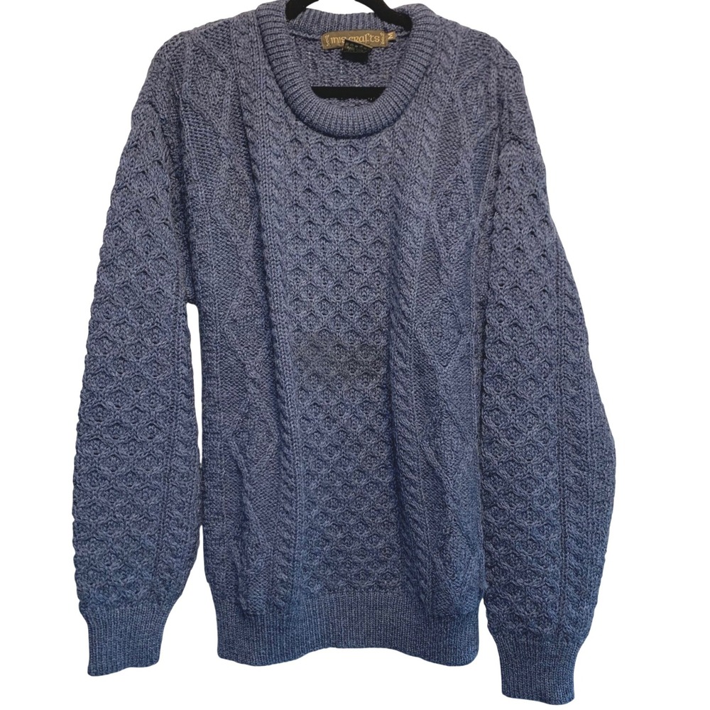 Inis Crafts Sweater Size M Blue Wool Cable Knit Aran Fisherman Made in Ireland